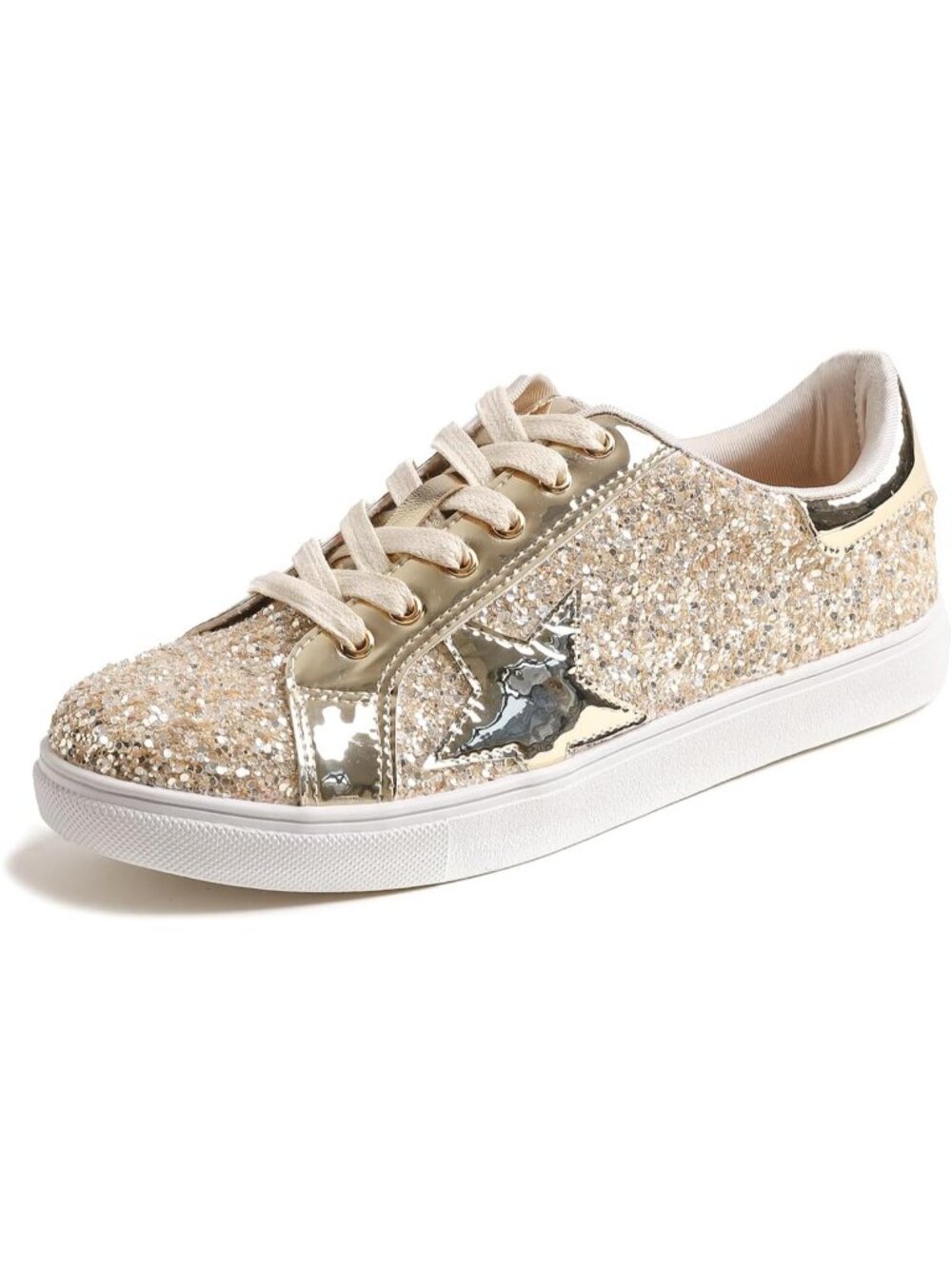 Women's Light Gold Glitter Star Lace Up Sparkly Party Shiny Fashion Sneakers